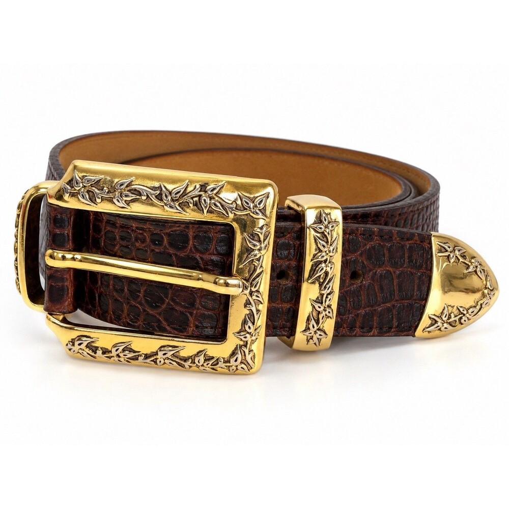 Streets Ahead Leather Belt L Brown Croc Embossed Gold Floral Buckle Made in USA